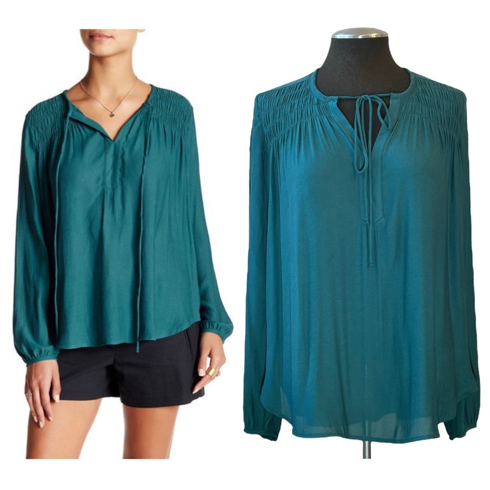 Ro & De - Teal Long Sleeve Smocked Tie Front Blouse - Small